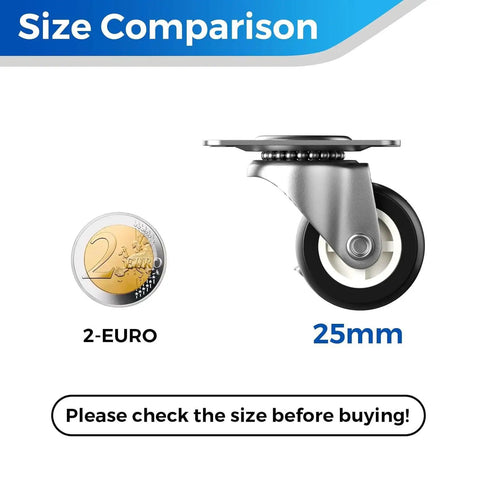 Small Swivel Caster Wheels 14 Pack 1 Inch Low Profile Durable Casters For Furniture Nightstands Bookshelves Plant Stands And Ottomans, size comparison with 2-euro coin.