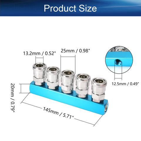 Dimensions of Three Piece Five Way One Half Inch Manifold Block Splitter For Air Hose Inline Use Iron G Thread Air System