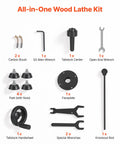 All-in-One Wood Lathe Kit components including tools for the VEVOR Mini Benchtop Wood Lathe, 1/3 HP 8 X 13 Inch.