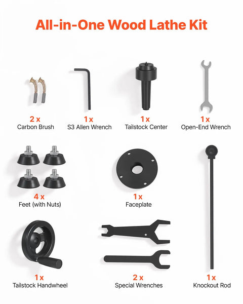 All-in-One Wood Lathe Kit components including tools for the VEVOR Mini Benchtop Wood Lathe, 1/3 HP 8 X 13 Inch.