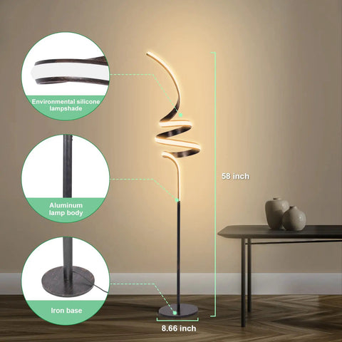 Tall LED Floor Lamp With Remote And Foot Switch, 58 Inch Standing Light Delivers Room Filling Glow, spiral design
