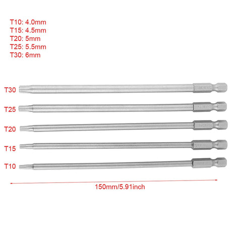Huge Deal on These 5 Piece Screwdriver Bits With Long 150mm Shafts Perfect For Reaching Tight Spots In Your Car Or Home Project And The Magnetic Tips Make Them Super Handy For Any Job You Got Gonna Love These; 5-piece T10-T30 S2 steel bits