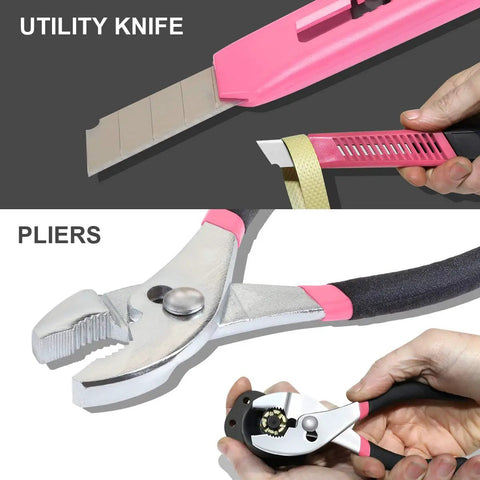 Utility knife and pliers from 39 Piece Portable Car And Home Emergency Tool Kit With Storage Case Pink for DIY repairs.
