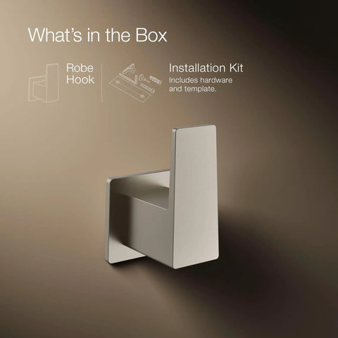 Honesty Robe Hook In Brushed Nickel For Bathroom Storage And Towel Organization, showing installation kit on brown background.