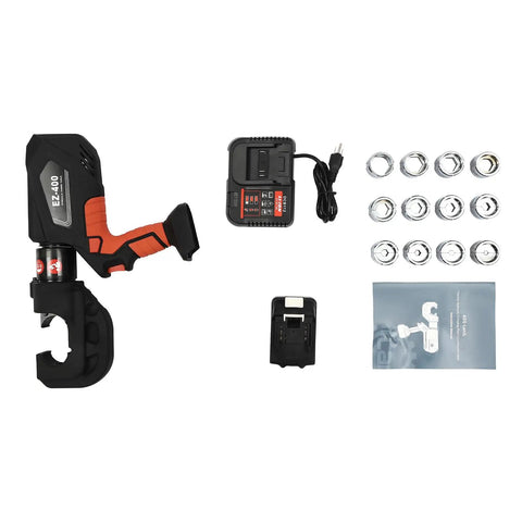 Heavy Duty Electric Hydraulic Crimping Pliers Rechargeable Cordless Cable Lug Crimper With 12 Piece Die Set and accessories.