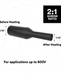 Heat Shrink Tubing FP301 Black Assorted Kit With 102 Flexible Polyolefin Tubes showing 2:1 shrink ratio diagram