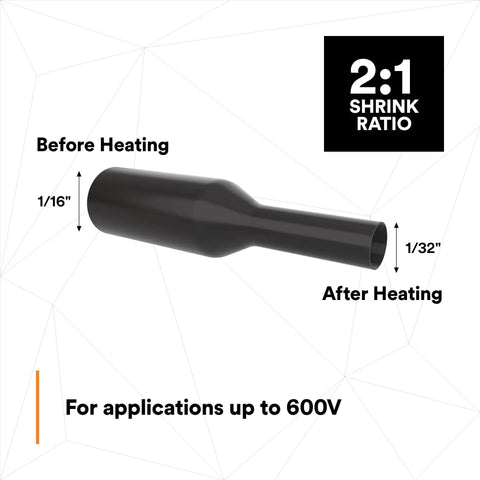 Heat Shrink Tubing FP301 Black Assorted Kit With 102 Flexible Polyolefin Tubes showing 2:1 shrink ratio diagram
