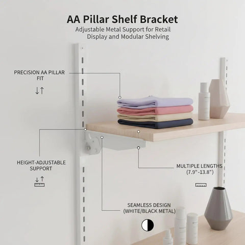 Adjustable Metal Shelf Bracket for Standard AA Pillar Slots in retail display with folded clothes and vases