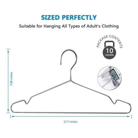 Stainless Steel Wire Coat Hangers Heavy Duty Ultra Thin Space Saving 10 Pack 17.7 Inch Hangers For Closet Organization Waterproof Rustproof Durable For Shirts Blouses Denim And Delicates
