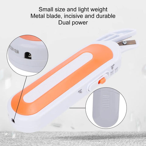 Close-up of Cordless Electric Scissors For Cutting Fabric And Thick Leather Grab And Go Power Shears with metal blade and dual power.