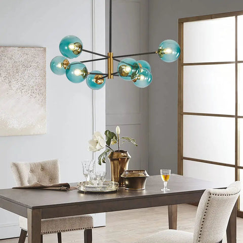 Dining room view of Blue Glass Globe Sputnik Chandelier 8 Light Modern Pendant Fixture For Dining Room Living Room Island Kitchen And Bedroom With Mid Century Vibe And Metal Frame