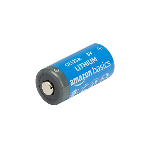Close-up of a 6 Pack Cr123a Lithium Battery 3 Volt Non Rechargeable Cells with blue casing, suitable for flashlights and night vision.