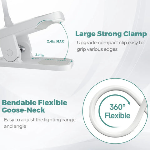 Clip On Reading Light For Bed Headboard With Rechargeable Battery USB C Charging Five Color Options And Five Brightness Levels Flexible Neck LED Night Lamp Eye Protect Desk Light For Kids And Dorm, showing large clamp and flexible neck.
