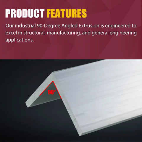 Heavy Duty 12 Inch Aluminum Angle Stock Built Tough 3 By 3 By 1 Quarter Inch Aluminum Angle Iron Made From 6061 Aluminum Alloy For Builders And DIY Projects Cut To Fit Framing Supports Bracing And Metalworking shown at 90-degree angle with text overlay "Product Features."