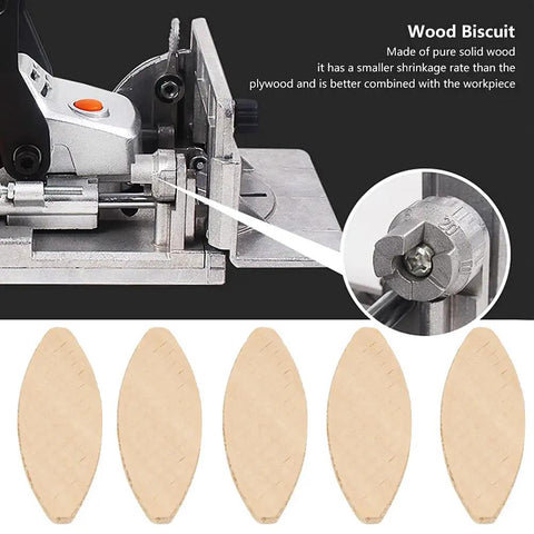 Beechwood Pro-Grade Joining Biscuits 100 Pcs Oval Wood Joiner Set with woodworking tool and close-up of biscuits