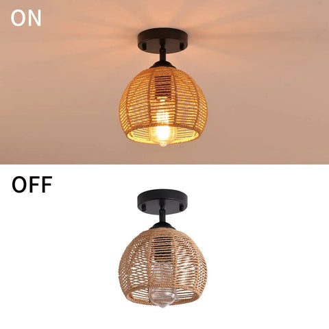 Rustic Hemp Rope Flush Mount Light Fixture Basket For Hallways And Kitchens Semi Flush Ceiling Light With Black Finish Farmhouse Vibe