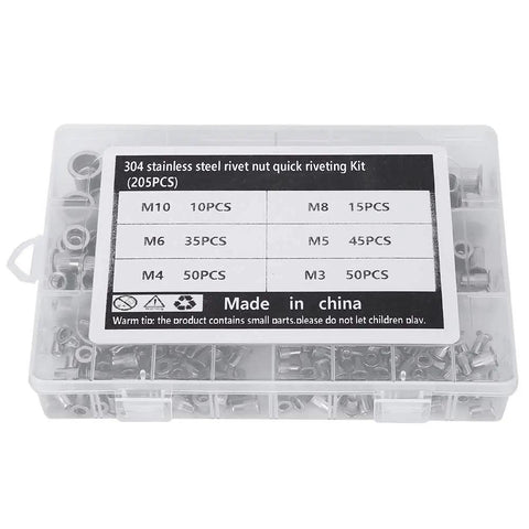 205-Piece M3 To M10 Stainless Steel Rivet Nut Kit With Quick Riveting, Clear Box, For Metal Sheets And Pipes, Organized Display