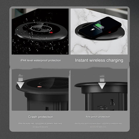 Slick Telescopic Pop Up Kitchen Power Strip With Built In Fast Charging Wireless Station and One Click Auto Lift, showing waterproof and charging features.