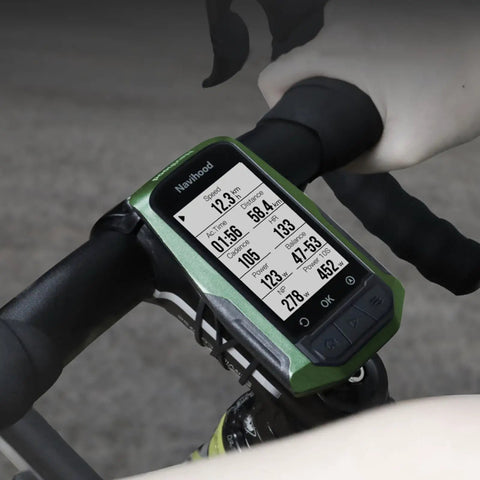 Navihood L1 GPS Bike Computer With Offline Maps mounted on handlebar, displaying speed and distance on 2.6-inch LCD.