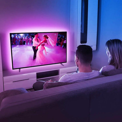 Couple watching TV with Led TV Backlight Kit Plug And Play With USB Power 6.56Ft RGB Color Changing Lights Dope Remote Control