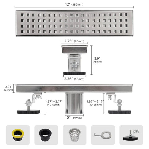12 Inch Linear Shower Drain Kit With 2 In 1 Reversible Tile Insert Grate And Hair Catcher, components and dimensions shown.