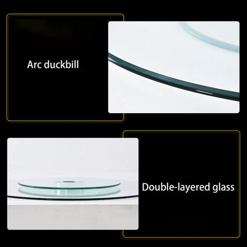 Tempered Glass Lazy Susan Turntable for Dining Tables and Banquets showing arc duckbill edge and double-layered glass detail.