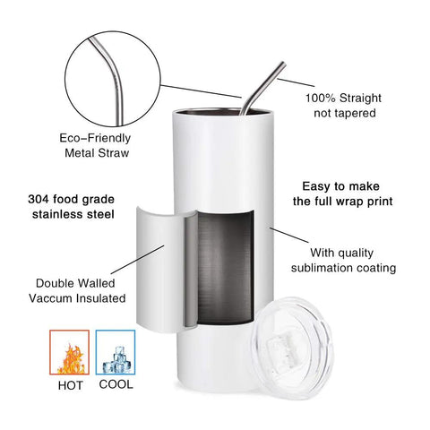 24 Pack Sublimation Tumbler Blanks 20 Oz White Straight Stainless Steel Cups With Metal Straw And Lid detailing features