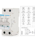 2 Pole Miniature Circuit Breaker 20A C20 6KA Breaking Capacity 110-240V AC Thermal Magnetic Trip Heavy Duty For Solar Systems Home Electrical Panels And RV Setups front view next to installation guide.