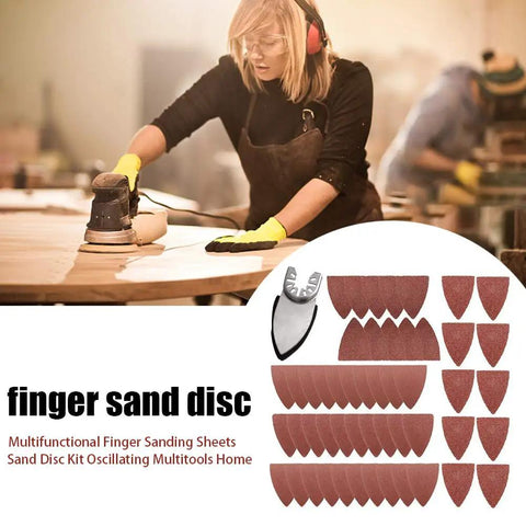 Finger Sanding Sheets Kit For Oscillating Multitools with sand disc pads and triangle sanding pad for detail work.