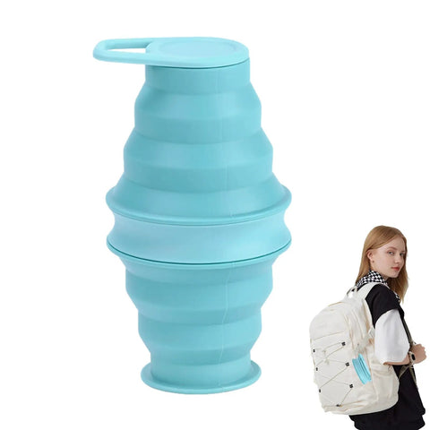 Foldable Silicone Water Bottle For Travel And Gym, Ultra Lightweight Leak Proof Hydration Flask next to woman with backpack