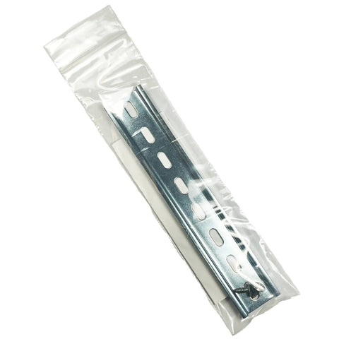 One Piece DIN Rail Mount Slotted Aluminum Bracket RoHS Compliant 7 Inches Long 35mm Wide 7.5mm High Includes Two Stainless Steel Screws For Quick Mounting On Panels And Enclosures, packaged