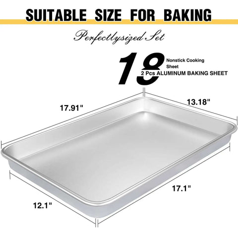 Pro Level Pure Aluminum Baking Sheet Pan Set No Coating Warp Resistant Half Sheet Pan showcased with dimensions