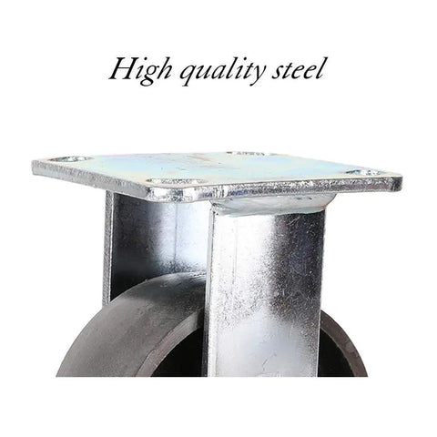 Four Pack Heavy Duty Cast Iron Swivel Casters With Brakes For Tables And Workbenches Built Tough With Slick Glide Action Perfect For Garage Cart And Shop Setup 5.25 Inch Wheels close-up of high quality steel plate and caster wheel