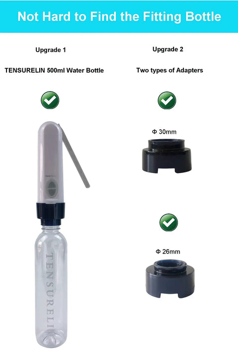 Upgraded Portable Travel Bidet With Large 400ml Water Bottle, Dual Adapter Sizes, USB Charger, Handy Toilet Sprayer shown with adapters