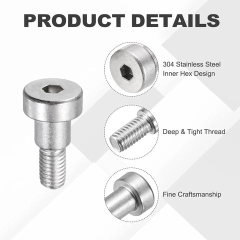 Heavy Hitter 304 Stainless Steel Shoulder Bolts 8 Piece Pack M6x1 Thread Hex Socket Heads showcasing inner hex design and tight threads.