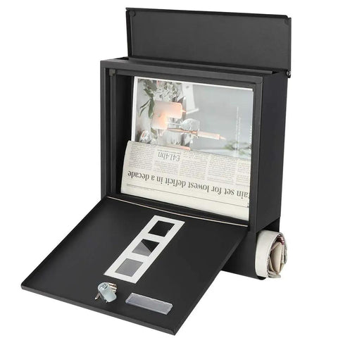 Open Stainless Steel Mailbox With Key Lock Wall Mounted Large Capacity Mailbox With Newspaper Compartment Silver Finish Fifteen Point Four Inches Long Twelve Inches Wide Four Point Eight Inches Deep showing interior with papers and key