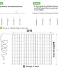 Diagram showing setup instructions for Outdoor LED Curtain Lights 30 Ft by 10 Ft With 720 LEDs, showing wiring and dimensions.
