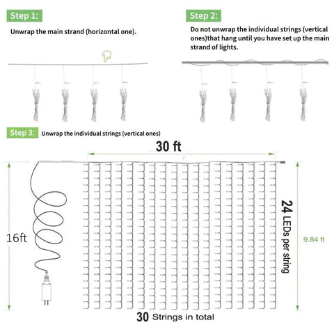 Diagram showing setup instructions for Outdoor LED Curtain Lights 30 Ft by 10 Ft With 720 LEDs, showing wiring and dimensions.