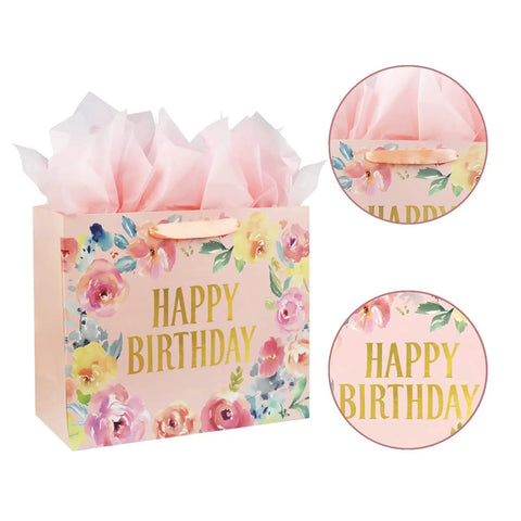 13-Inch Large Happy Birthday Gift Bag With Card And Tissue Papers Floral Design Handles Pink Perfect For Women Girls Birthday Party Gift Wrapping Ideal For Party Decor Gift Opening And Special Celebrations, shown with pink tissue paper and floral accents.