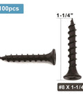 Built Like A Tank Number 8 X 1-1/4 Inch Black Phosphate Coated Stainless Steel Truss Head Wood Screws 100 Pack displayed in two angles.