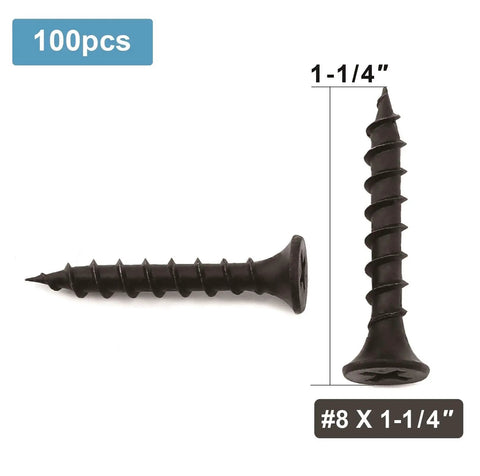 Built Like A Tank Number 8 X 1-1/4 Inch Black Phosphate Coated Stainless Steel Truss Head Wood Screws 100 Pack displayed in two angles.