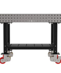 Rock Solid Mobile Welding Fixture Table Featuring Precision Laser Grid Holes And Built In Shelf Smooth Rollin Heavy Duty Swivel Casters with red wheels.