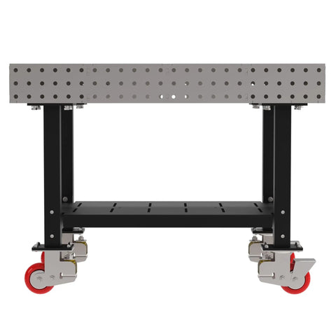 Rock Solid Mobile Welding Fixture Table Featuring Precision Laser Grid Holes And Built In Shelf Smooth Rollin Heavy Duty Swivel Casters with red wheels.
