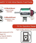 12V Inline Electric Fuel Pump Low Pressure 5-9 PSI For Gas And Diesel Universal Fit Metal Solid Body Compatible With Carburetors HEP-02A