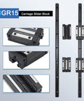 600mm Linear Guide Kit with 2 Rails and 4 HGH15CA Carriage Blocks shown in close-up and full view