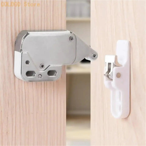 Push To Open Cabinet Latch Locking Device 1 Pack For Easy Access, Sturdy Alloy Gate Lock mounted on light wood door
