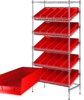 Top Tier Heavy Duty Garage Shelving Unit 18 By 36 By 74 Inches With 25 Sturdy Storage Bins in bright red, featuring a commercial grade wire rack.