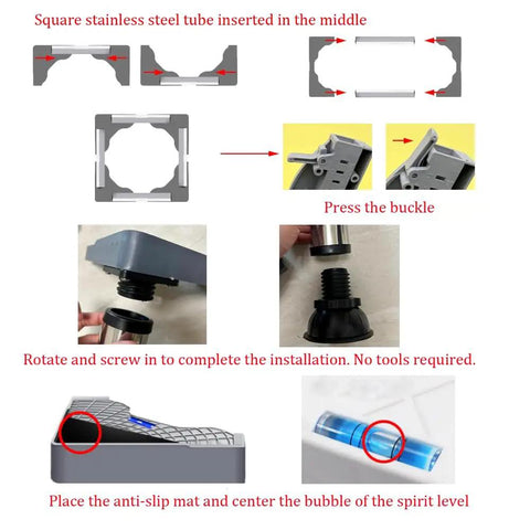 Assembly steps for Heavy Duty Adjustable Washing Machine Stand With Suction Feet, showing parts and installation instructions.