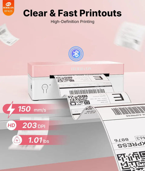 4x6 Bluetooth Thermal Label Printer For Shipping Labels And Small Business Use Wireless Printing For Packages At Home Or Office Compatible With iPhone Android iPad MacOS Windows Via Bluetooth Or USB No Ink Pink showing clear printouts on white background.