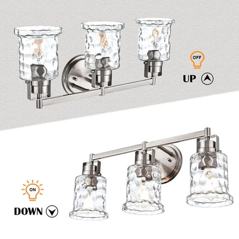 Three Light Vanity Light Over Mirror In Brushed Nickel Finish With Hammered Glass Shade Modern Metal Wall Sconce versatility demo
